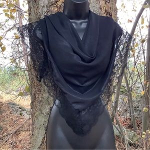 Black Scarf with Lace Square Head Scarf, Black Square Scarf Christmas Gift ideas